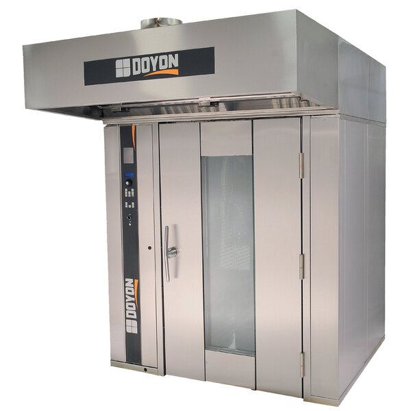 A stainless steel Doyon double rotating bakery convection oven with glass doors.