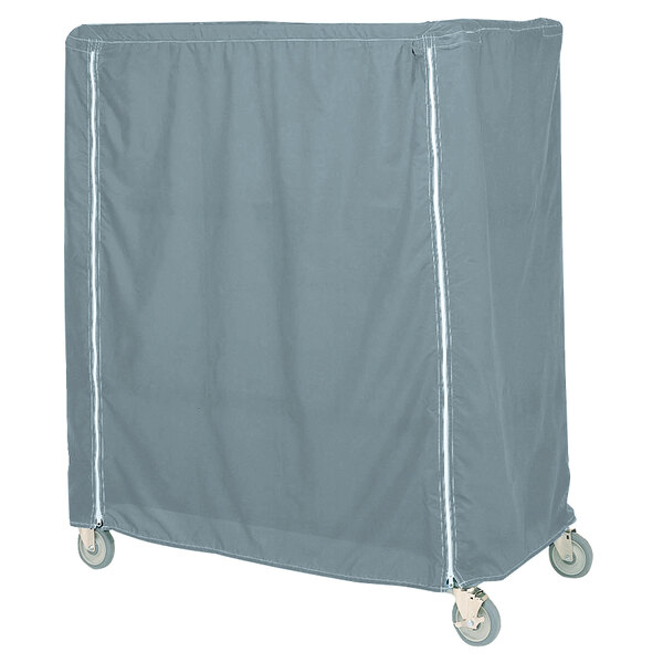 A Mariner blue vinyl cover on a rectangular cart with wheels.
