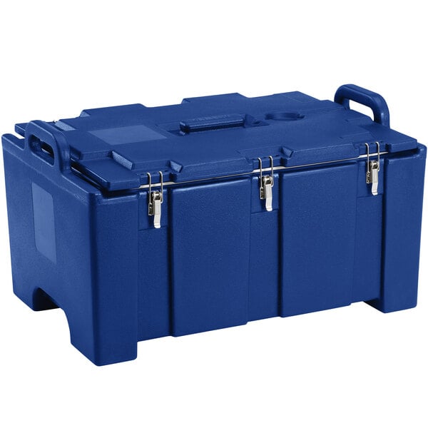 A navy blue plastic box with a lid and handles.