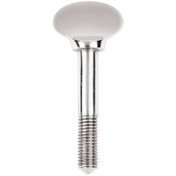 A stainless steel thumbscrew with a round head.