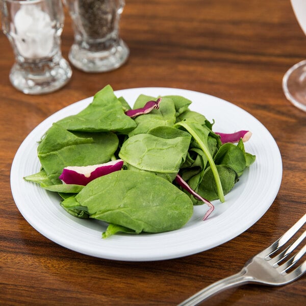 A white Minski melamine plate with a fork next to a salad plate full of green leaves.