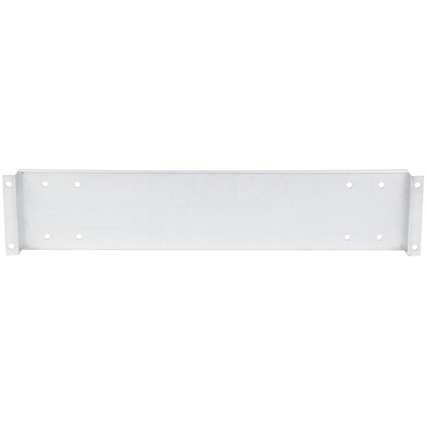 A white rectangular metal shelf with holes on the sides.