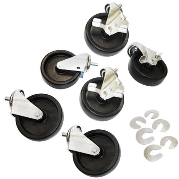 A set of four black rubber stem casters with metal wheels and screws.