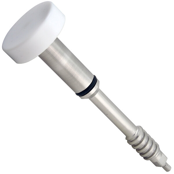 A white metal screw with a black handle on a metal tube.