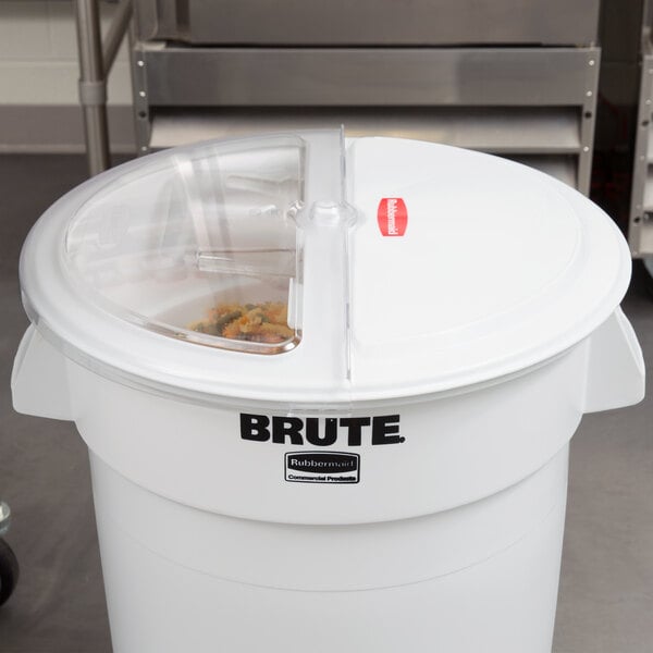 A white Rubbermaid container with a rotating lid.