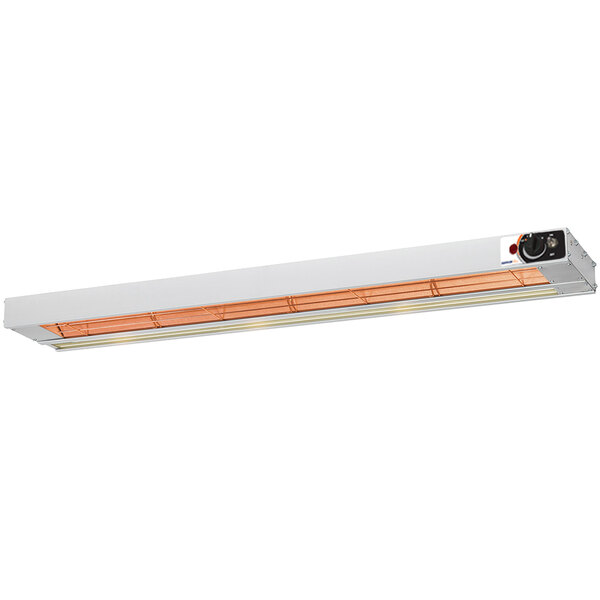 A long rectangular Nemco infrared strip warmer with a brown stripe.
