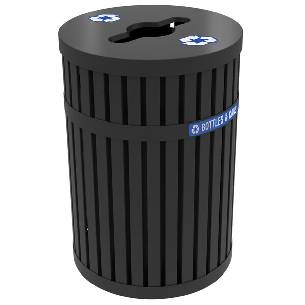 A black Commercial Zone ArchTec Parkview recycling bin with white recycle symbols.