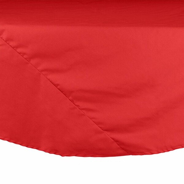 A red Intedge 64" round cloth table cover with hemmed edges on a white table.