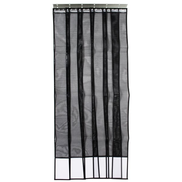 A black mesh curtain with white stripes.