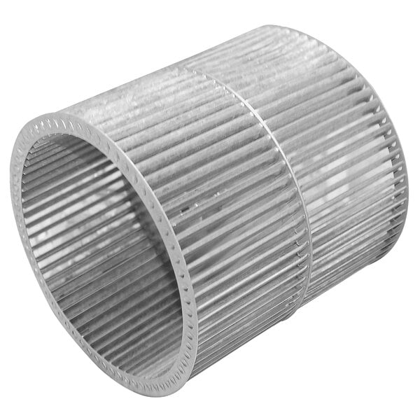 A galvanized metal blower wheel with a curved metal cylinder inside.