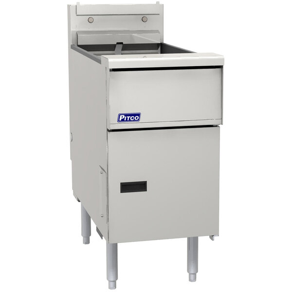 A stainless steel Pitco electric floor fryer with solid state controls and a drawer on top.