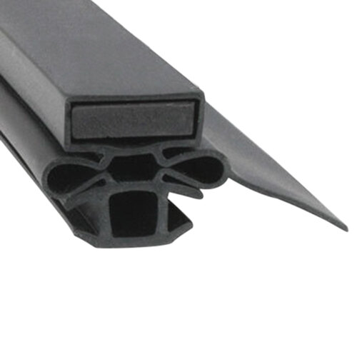 A close-up of a black rubber seal with a black plastic window frame with two holes.