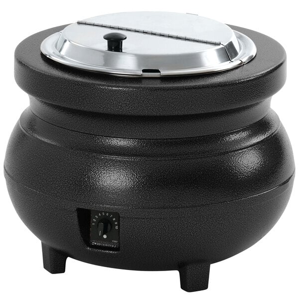 A black Vollrath soup rethermalizer with a silver lid on a counter.