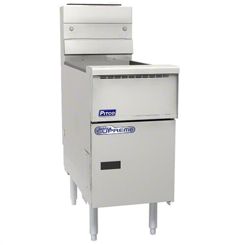A white Pitco Solstice Supreme floor gas fryer with a lid open.