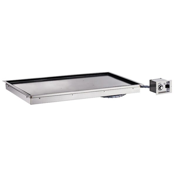 An Alto-Shaam stainless steel rectangular metal box with a black lid on a metal surface.