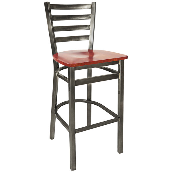 A BFM Seating steel bar stool with a cherry wooden seat and clear coat frame.
