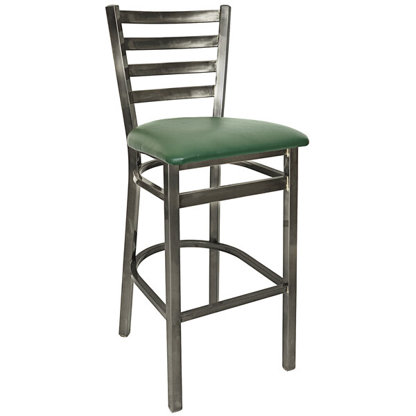 A BFM Seating Lima bar height chair with a green vinyl seat and clear coat metal frame.