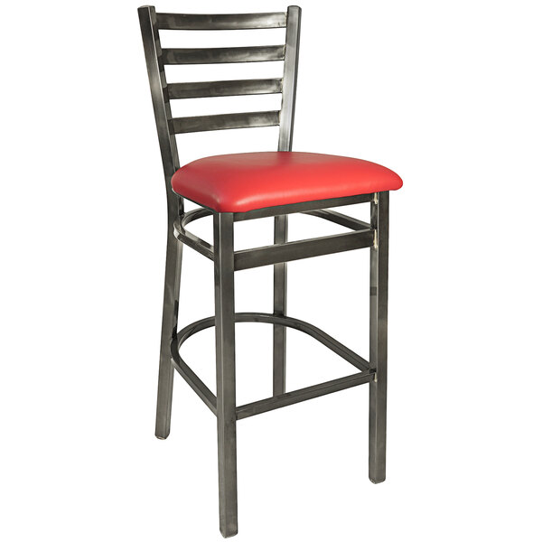 A BFM Seating Lima steel bar height chair with a red vinyl cushion and clear coat frame.