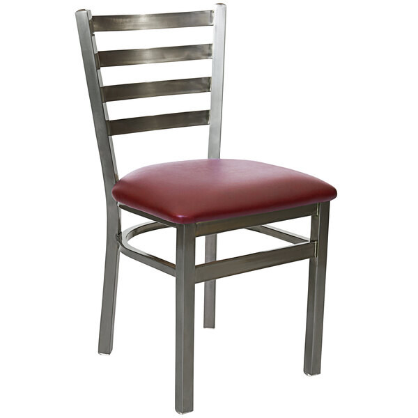 A BFM Seating Lima steel side chair with burgundy vinyl cushion.