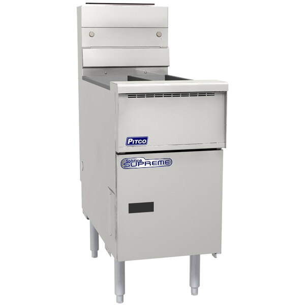 A white Pitco Solofilter gas floor fryer with a white cover over the split pot.