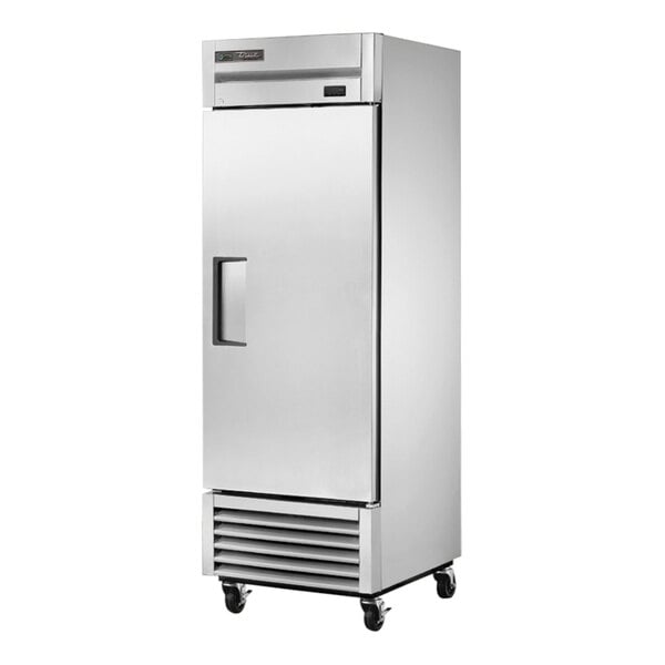 A stainless steel True reach-in refrigerator with a solid door.