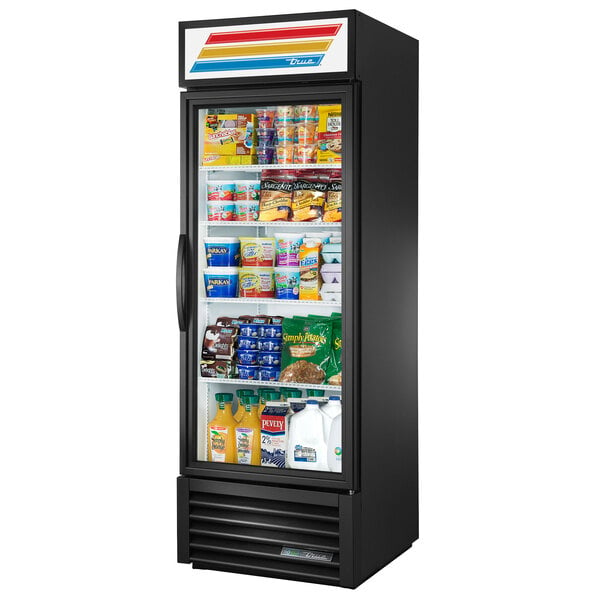 A True black refrigerated glass door merchandiser full of food.