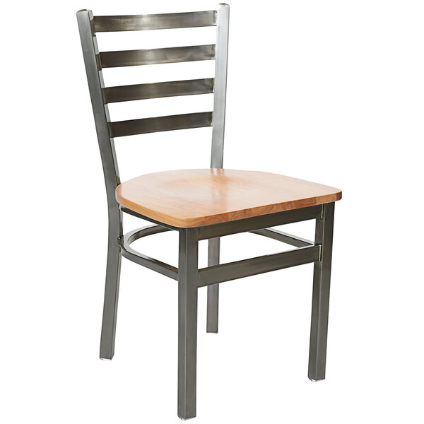 A BFM Seating Lima steel side chair with a clear coat metal frame and natural wooden seat.