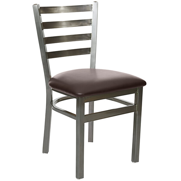 A BFM Seating Lima metal side chair with a brown cushion.