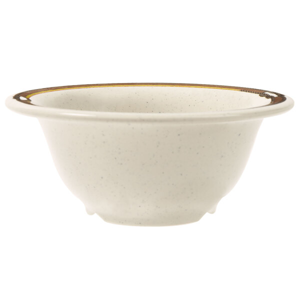 A white melamine bowl with a brown rim.