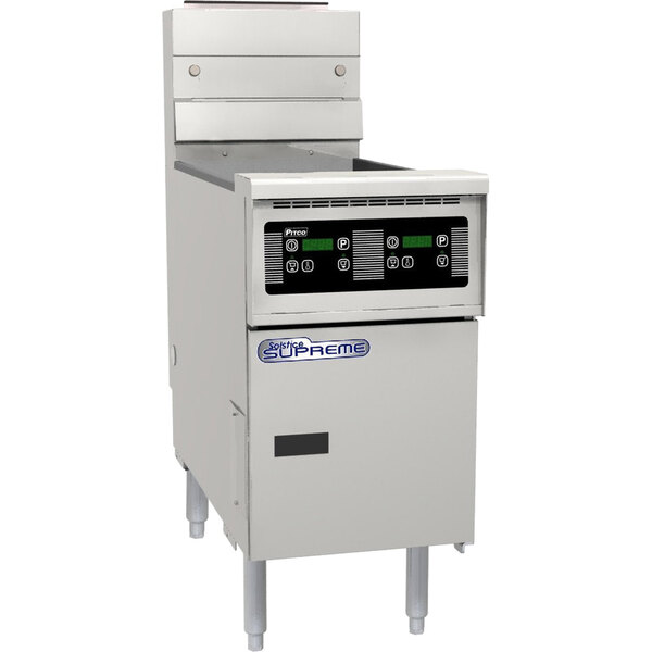 A white Pitco Solofilter gas floor fryer with a black digital control panel.