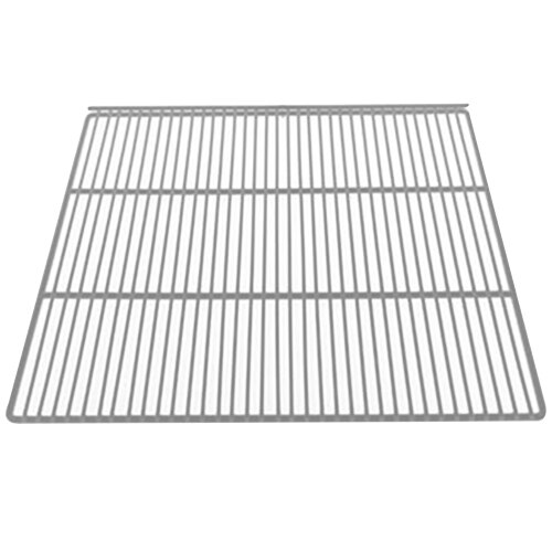 A gray coated wire shelf with a grid on it.