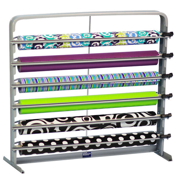 A Bulman gray horizontal rack holding 6 rolls of wrapping paper.