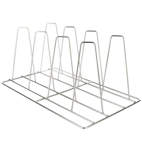 A metal rack with six metal spikes.