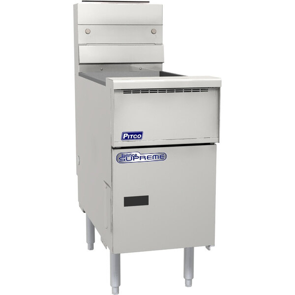 A white Pitco Solofilter gas floor fryer with stainless steel cabinet.