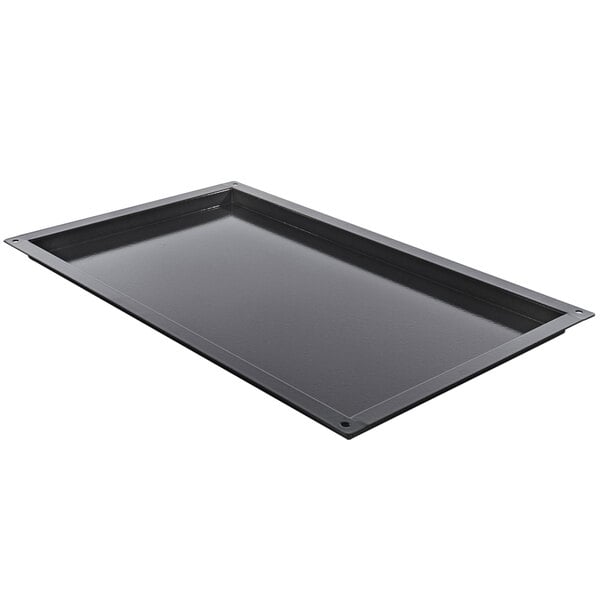 A black rectangular Rational granite enamel roasting pan with a lid.