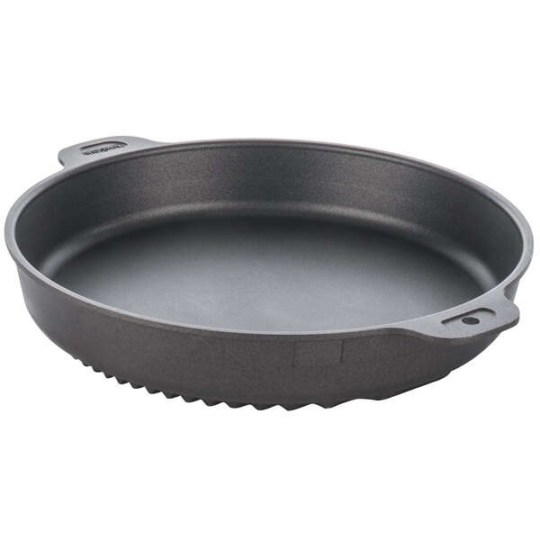 A black round Rational roasting pan with handles.