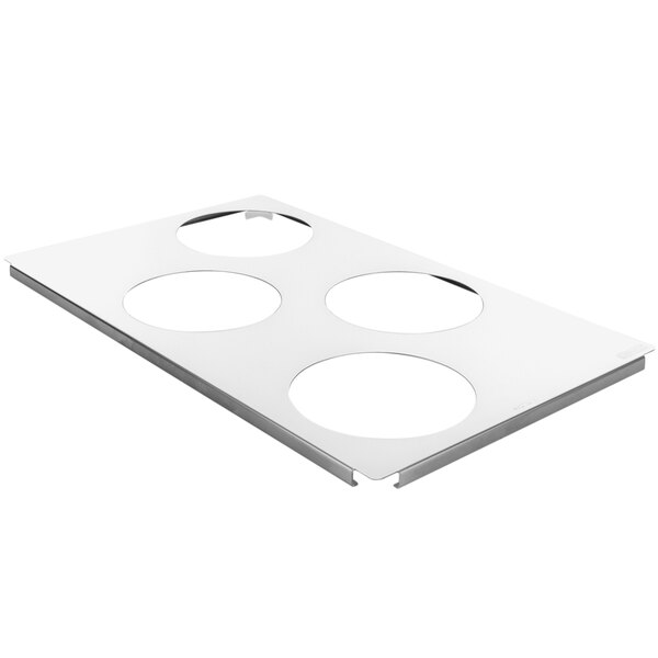 A white metal Rational carrier tray with four circles.