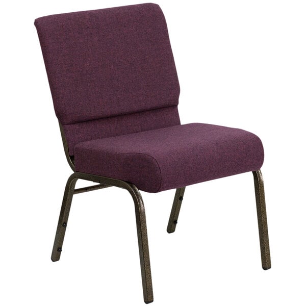 A Flash Furniture purple church chair with metal legs.