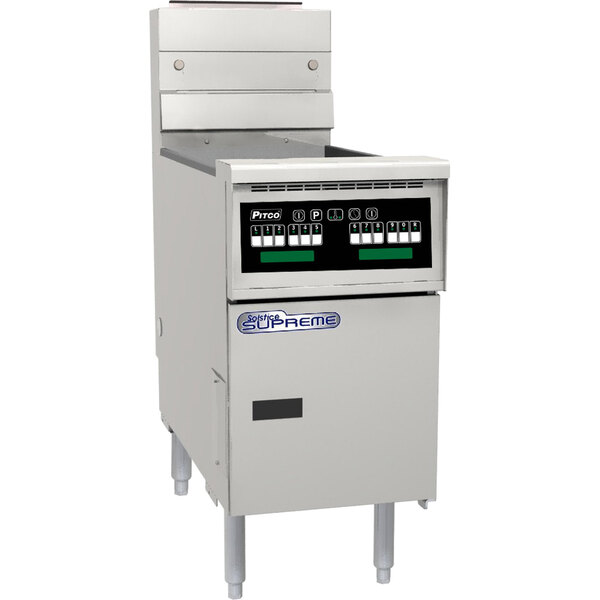 A Pitco Solstice Supreme floor gas fryer with Intellifry computer controls, a machine with buttons and a screen.