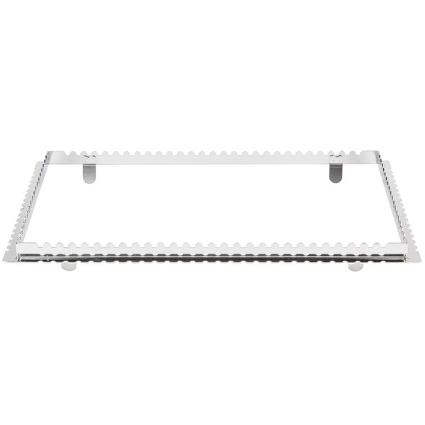 A metal rectangular frame with scalloped edges for skewers.