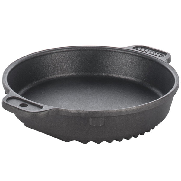 A black round Rational roasting and baking pan with two handles.