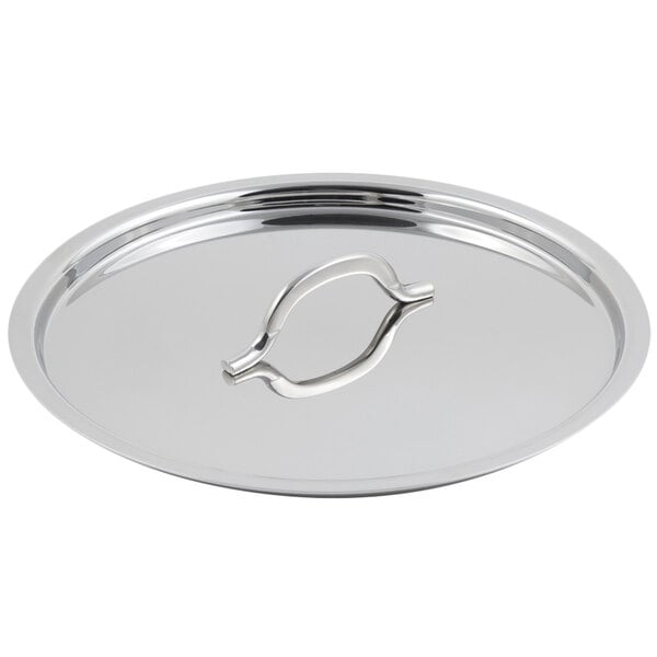 A silver Bon Chef stainless steel lid with a handle.