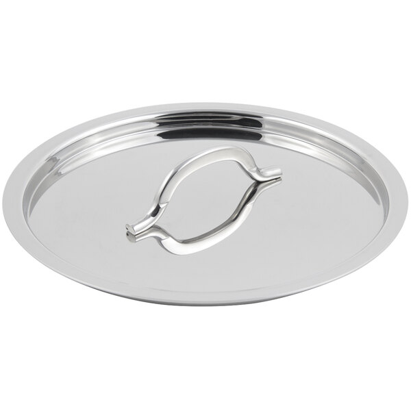 A close-up of a stainless steel Bon Chef lid with a handle.