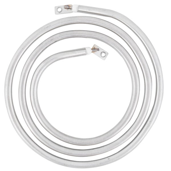 A white cable with two metal connectors attached to a spiral metal tube.