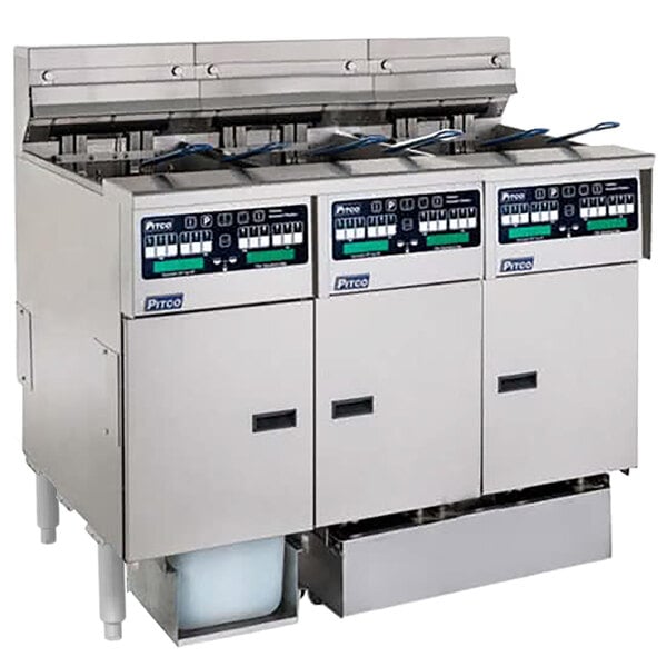 A white Pitco electric fryer system with three rectangular objects inside and a control panel.