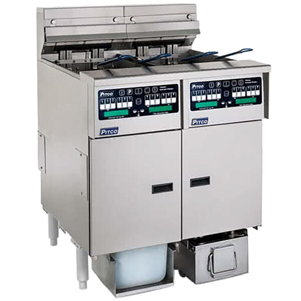 A Pitco electric double fryer system with buttons and switches on a large machine.