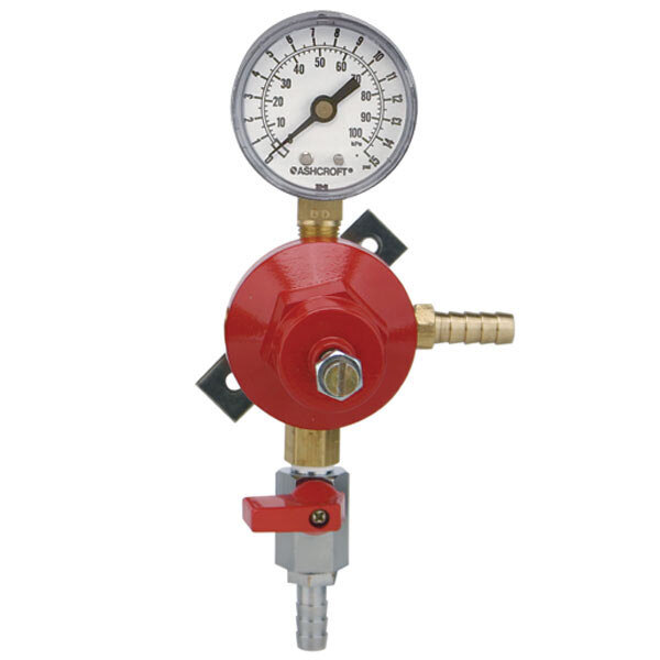 A Micro Matic secondary CO2 regulator with a red and silver pressure gauge.