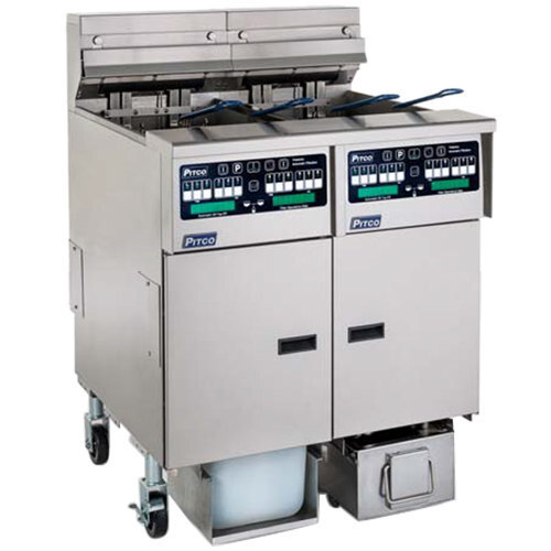A Pitco Solstice reduced oil volume electric fryer system with a split pot unit, two full pot units, and push button top off.