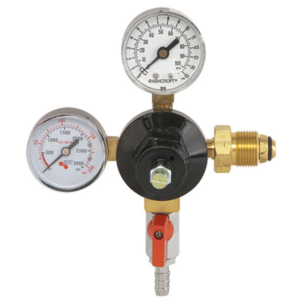 A Micro Matic double gauge nitrogen low-pressure regulator with white, black, and gold parts.