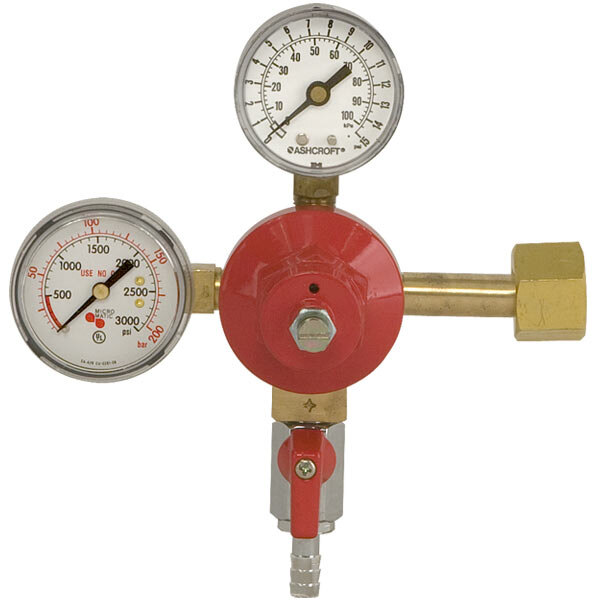 A Micro Matic CO2 regulator with two red pressure gauges.